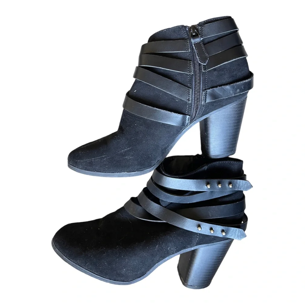 Material Girl Strappy Moto Studded Ankle Boots‎ Black 8.5